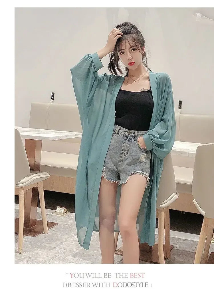 Long Shirts Women Summer Girls Sunscreen Clothing Seethrough Thin Loose Solid Simple Leisure All-match Korean Style Chiffon Tops