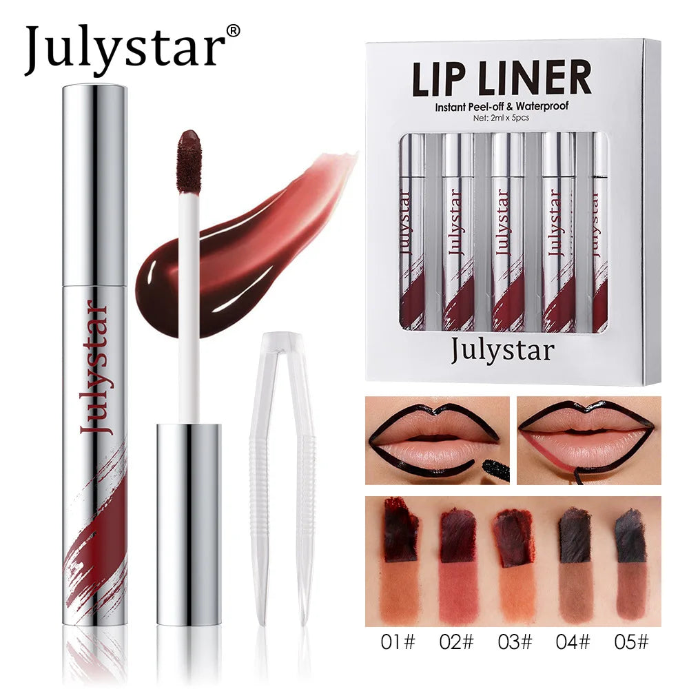 5pcs Peel Off Lip Liner Pen Set, Long-lasting Waterproof & Smudge-proof Peel Off Lip Liner Stain,Peel Off Lipstick Natural Lip