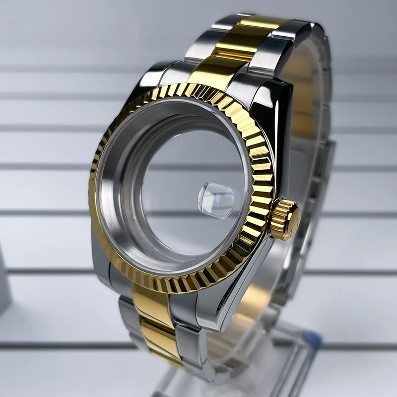 39mm NH35 Case Fluted Bezel DJ2T Yellow Gold Sapphire Glass Skx Mod Modification Parts Fit NH35 NH36 Movement Steel Watch Case