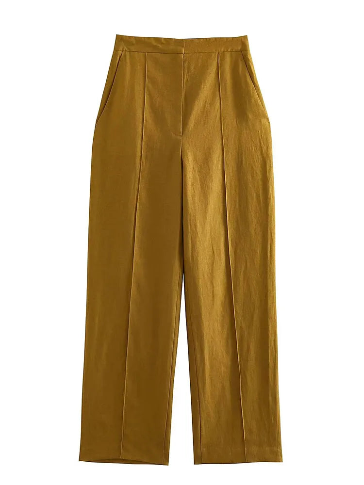 Willshela Women Fashion Two Piece Set Khaki Tank Tops & Straight Leg Pants Vintage V-Neck Single Breasted Female Chic Pants Suit
