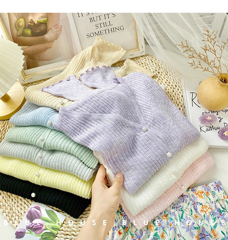 Women 2026 Spring Summer Short Pearl Button Thin Casual Coat Gentle Ruffle Trim Long Sleeve Ice Silk Sunscreen Knitted Cardigan