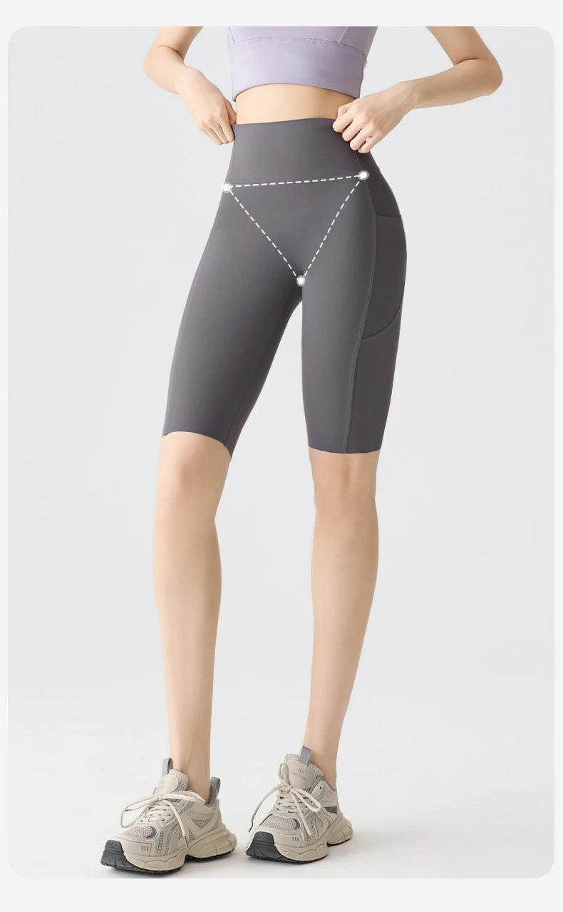 BIVIGAOS Summer Pocket Yoga Sharkskin Bicycle Shorts Women Thin High Waist Push Up Naked Feeling Sports  Fitness Cycling Shorts