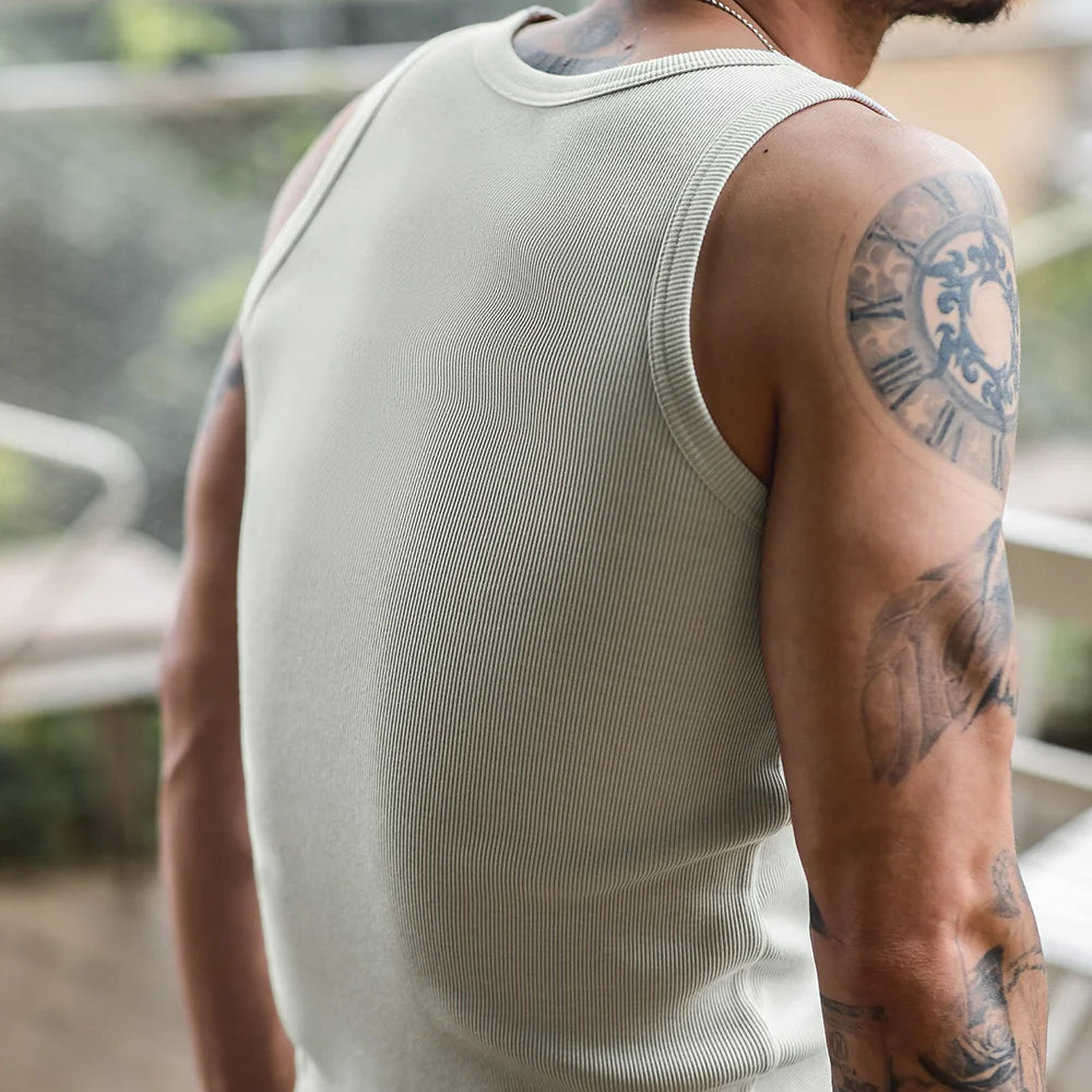 Maden Men's Retro Solid Color Slim Fit Sleeveless Vest T-Shirt Sports Fitness Threaded Inner Bottoming Shirt for Summer Tank Top