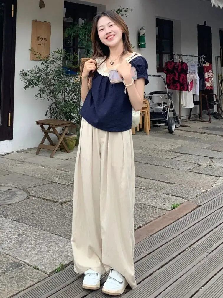 Women Summer 2025 New Short-sleeved Shirt Top High Waist Loose Wide-leg Pants Two-piece Set
