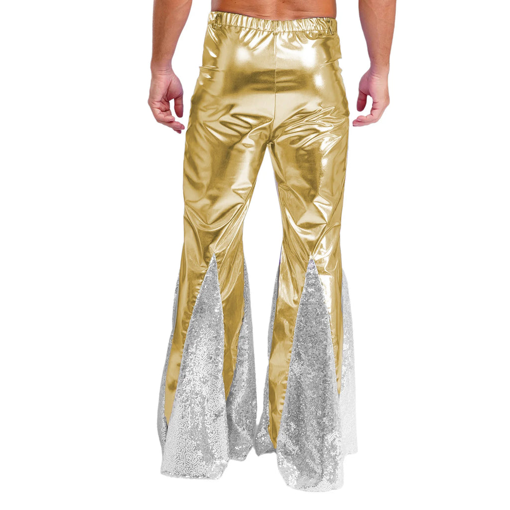 Mens Shiny Metallic 70s Disco Pants Hippie Vintage Costume Dance Party Sequins Bell Bottoms Stage Performance Flared Pants