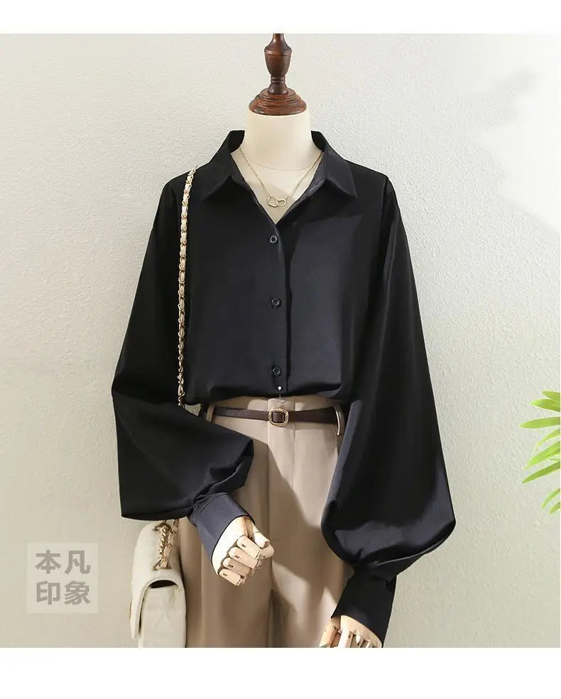 Blouses Tops Women White Black Long Lantern Sleeve Office Lady Temperament Autumn Winter Basic All-match Design Chic Female New