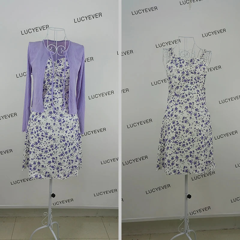 Lucyever Summer Purple Two-piece Sets Dress for Women Floral Slip Mini Dress+Sunscreen Shawl Cardigan Woman 2022 New Sundress