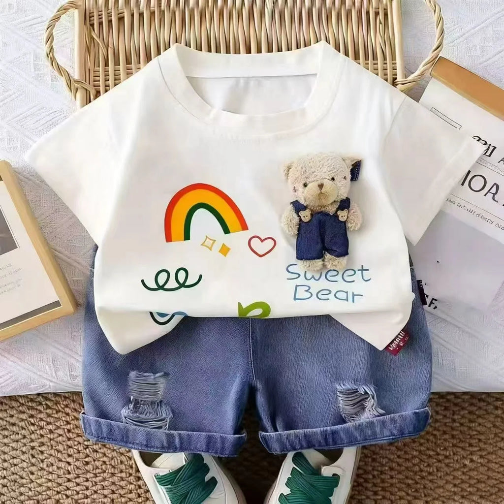 Boys 3D Bear Print Two-Piece Summer Outfit