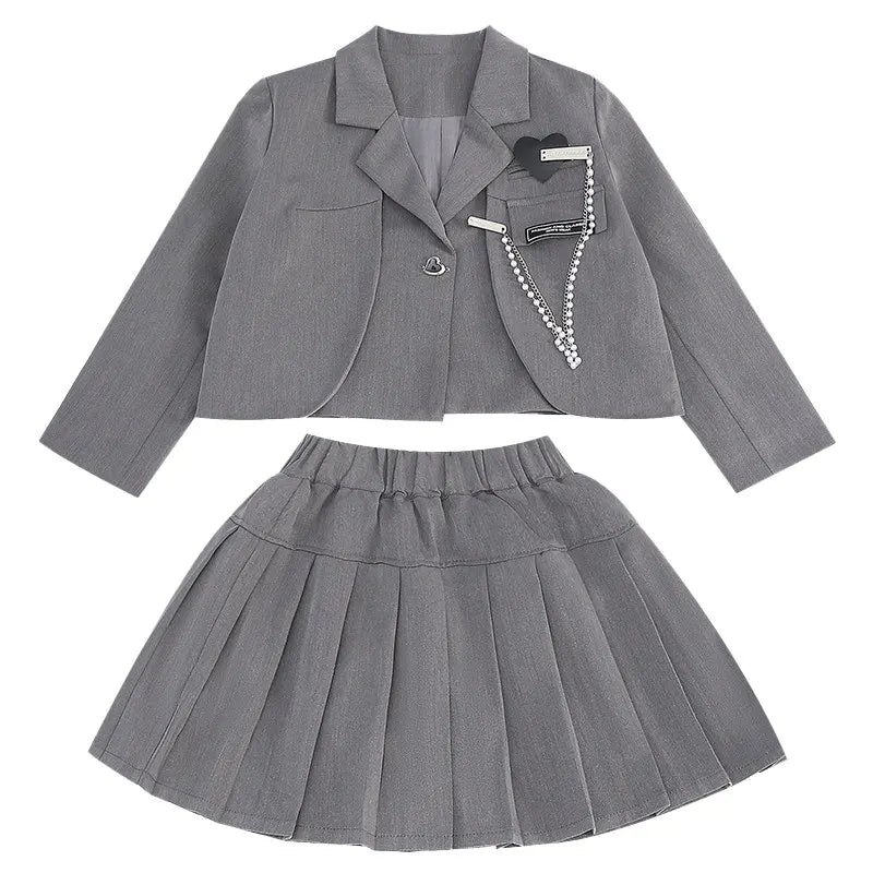 Junior Girl JK School Uniform Set Unique Formal Chain Smart Jackets and Pleated Skirt 2Pcs School Kids Child Uniform Blazer Suit