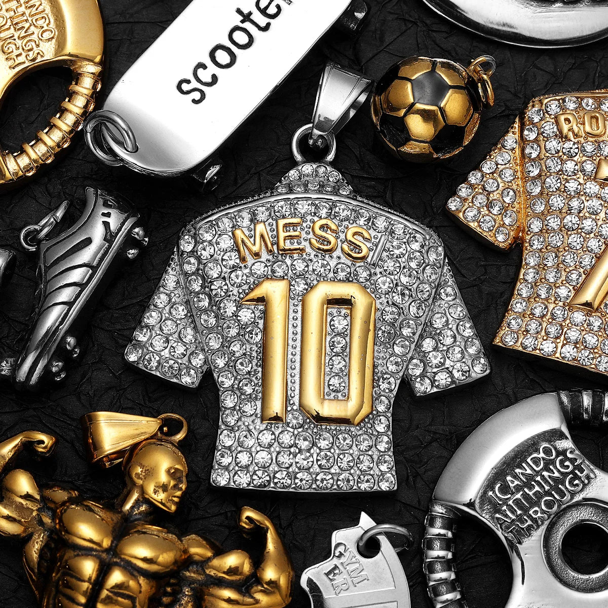 Messi Cristiano Ronaldo Mbappé Football Jersey Fitness Gym Muscle Dumbbell Men Necklaces Stainless Steel Pendant Chain Punk