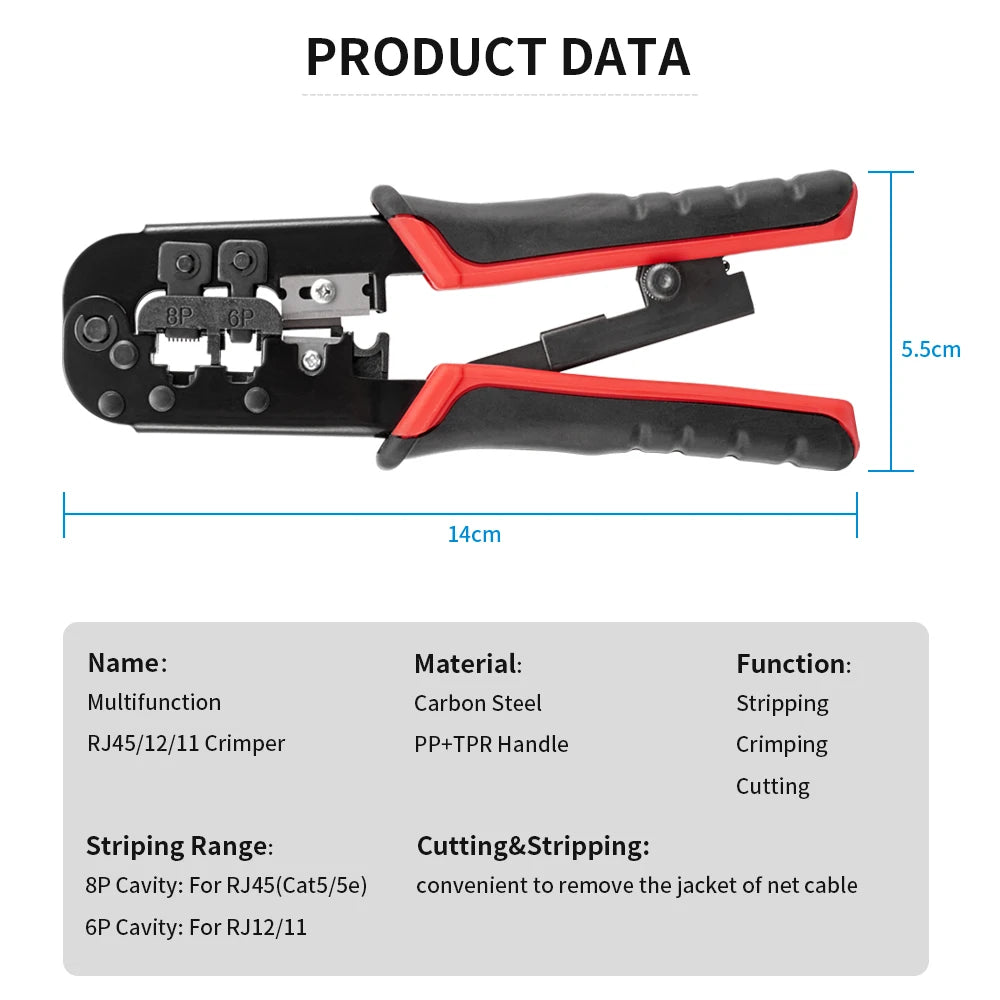 RJ45 Crimper RJ11 RJ45 Crimping Tool Ethernet Network LAN Cable Crimper Cutter Stripper Plier for 6P 8P RJ11 RJ12 RJ45 Connector