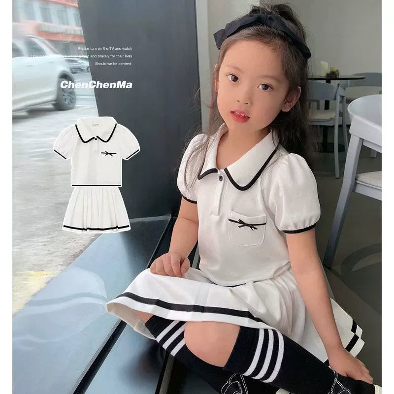 New Girls Skirt Sets Summer Children T-Shirt Suits Kids Short Sleeves 2Pcs Teen Fashion Sweet JK Outfits 5-14 Years