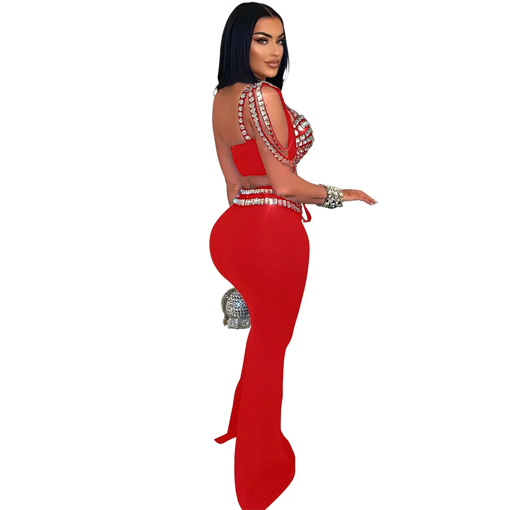 Women Dress Sets Floor Length Buttocks Skirts Two Pieces Set Matching Sets Diamonds Camisole High Street Party Night Evening