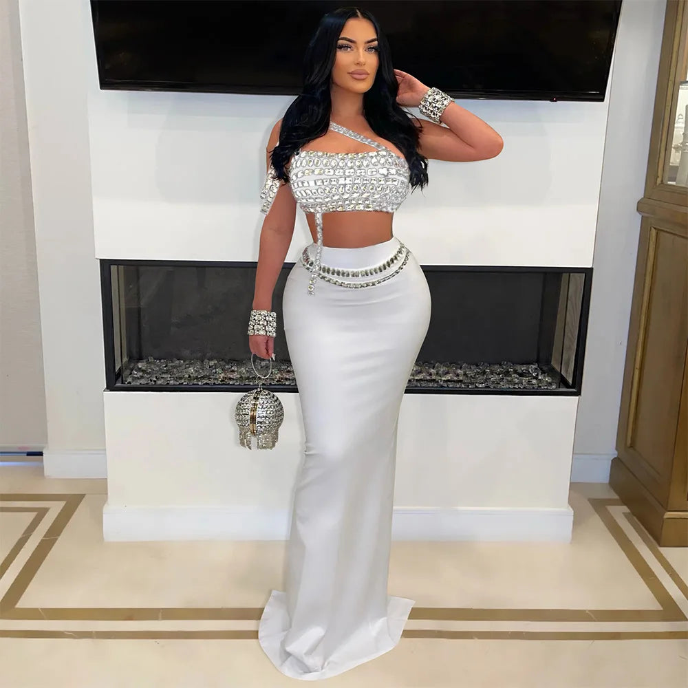 Women Dress Sets Floor Length Buttocks Skirts Two Pieces Set Matching Sets Diamonds Camisole High Street Party Night Evening