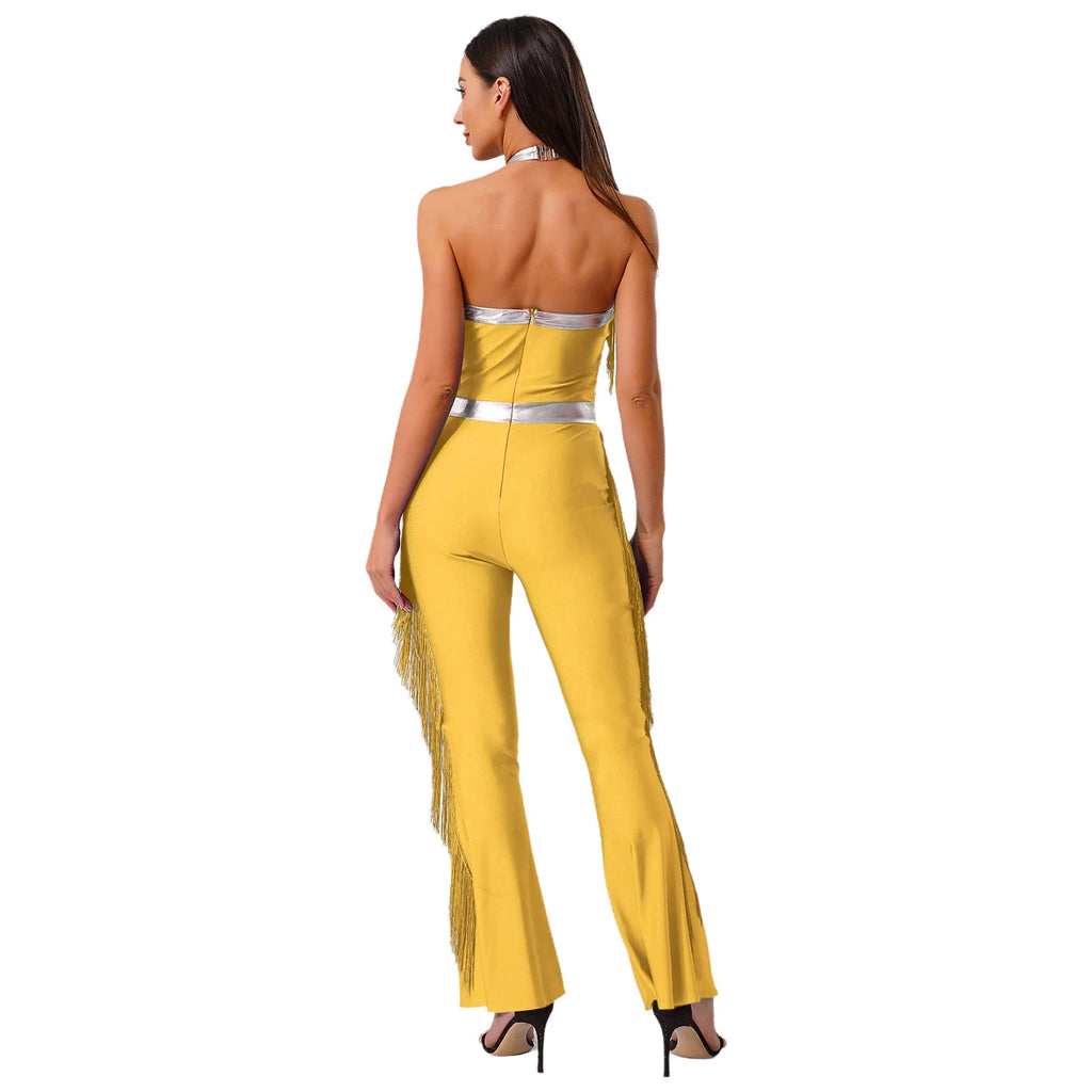 Womens 70s Disco Party Jumpsuit Halter Shiny Sequins Tassel Flared Pants Latin Jazz Dance Rompers Rave Festival Prom Clubwear
