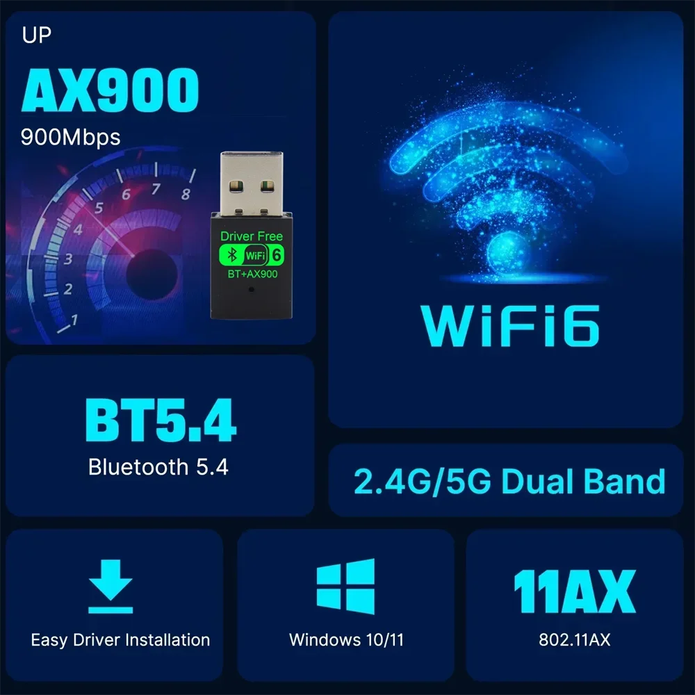AX900 USB WiFi 6 Bluetooth 5.4 Adapter 2in1 Dongle Dual Band 2.4G&5GHz USB WiFi Network Wireless Wlan Receiver