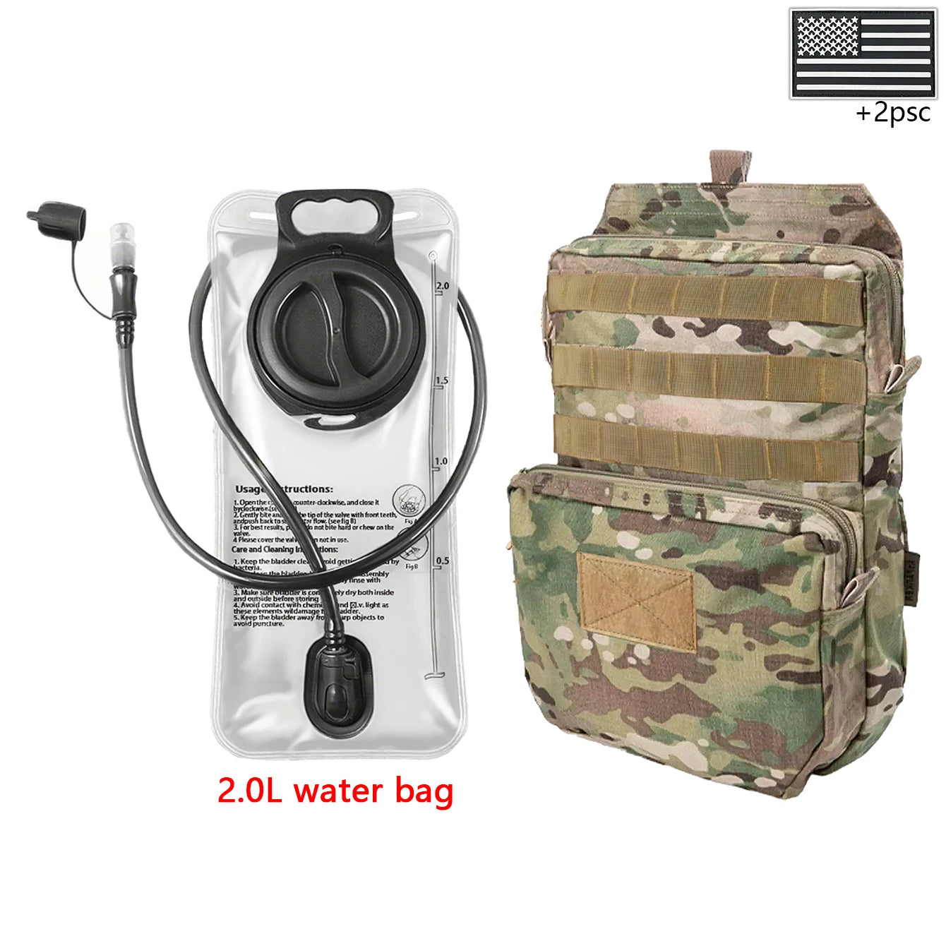 Outdoor sports drinking equipment: 2L large-capacity water bag + molle backpack, suitable for hiking, camping, and cycling