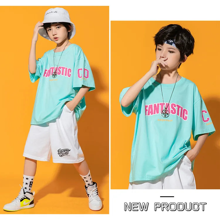 Boys Street Dance Blue T-shirt Shorts Girls Hip Hop Crop Top Skirt Outfits Kids Summer Costume Clothes Sets Children Streetwear