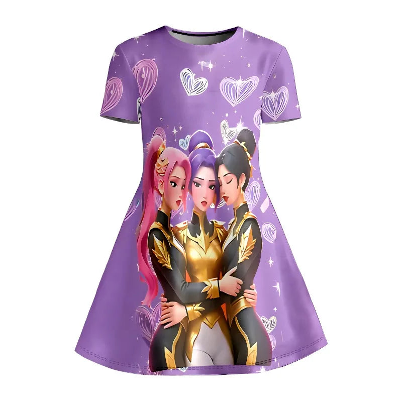 Girl Anime Girl Group Printed T-shirt Dress, Children's Party Purple Heart Casual Dress Suitable for Birthday Gifts