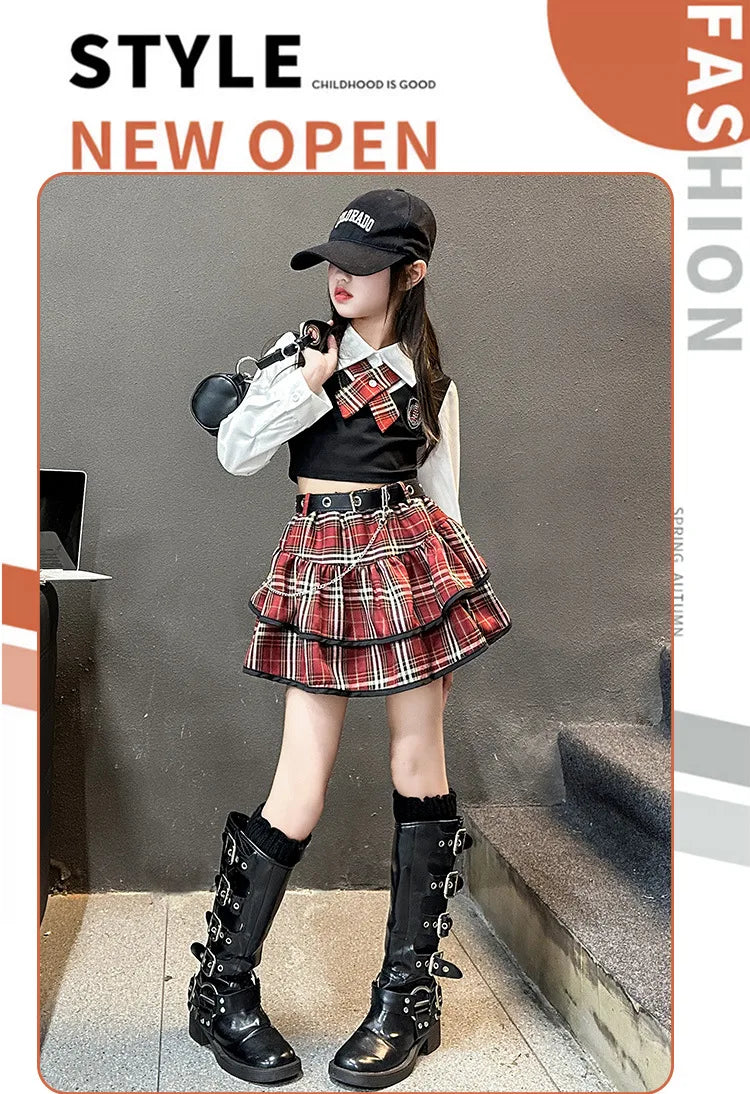 junior girls JK clothes Set Child Internet Celebrity Street Uniform suit Splicing shirt+checkered cake skirt+belt kids outfits