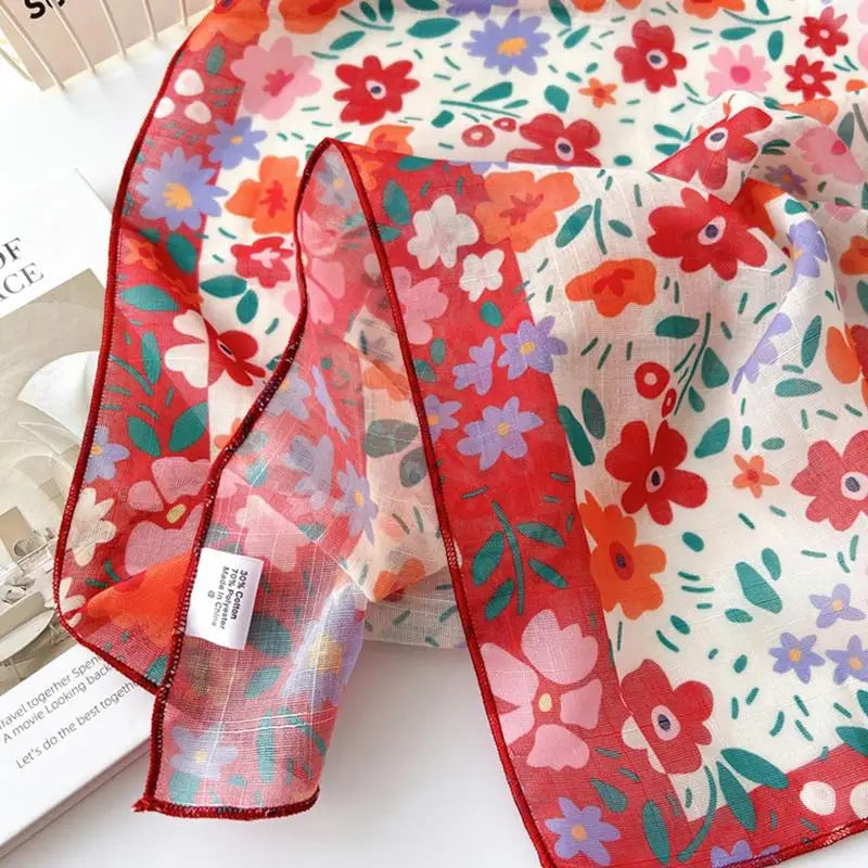 Sunscreen Head Scarf Cotton Linen Square Scarf Women Floral Peach Neck Scarf Fashion Decorative Neckerchief Hairband 58*58cm