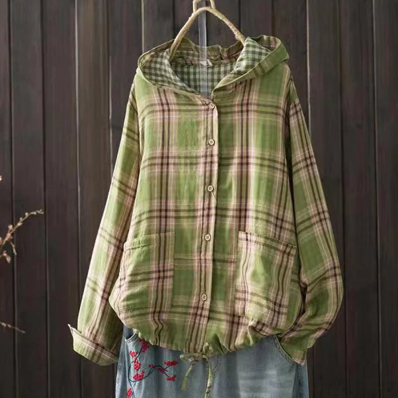 Large size blouses for women autumn hooded long sleeve single-breasted plaid shirts cotton checkered oversized shirt outwear