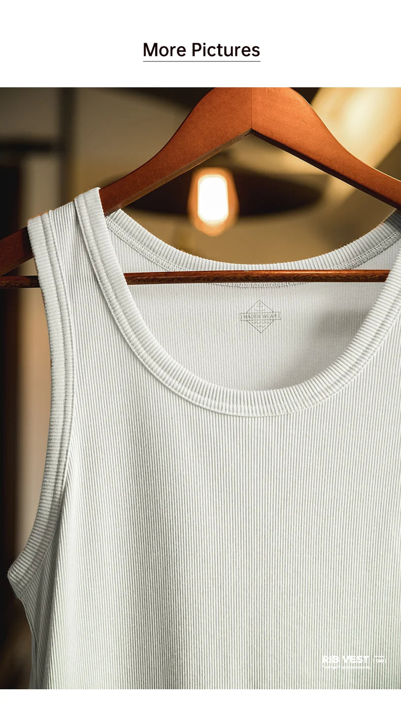 Maden Men's Retro Solid Color Slim Fit Sleeveless Vest T-Shirt Sports Fitness Threaded Inner Bottoming Shirt for Summer Tank Top