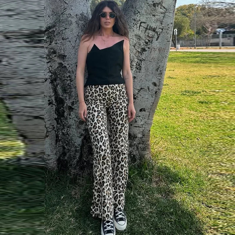 HXAO Leopard Flared Pants Women's Pants Summer 2025 Lady Fashion Vintage Animal Print High Waist Pants Chic Office Wear Trousers