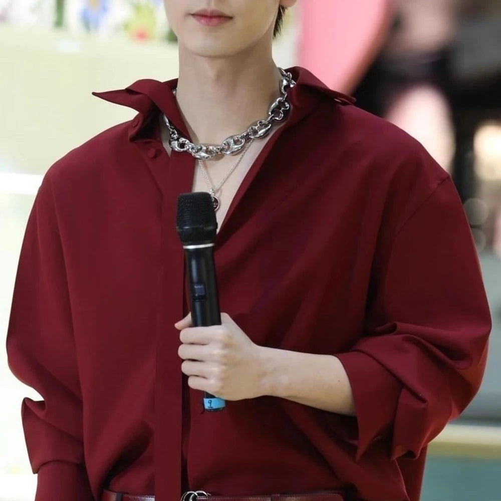 Mens Fashion High-End Party Dance Wine Red Long-Sleeved Shirt 2025 Summer Niche Design Handsome Retro Lapel Y2k Luxury Shirt Men