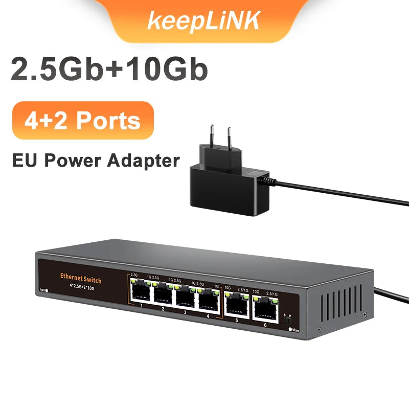 KeepLiNK 6-Port Multi-Gigabit Unmanaged Network Switch 4 X 2.5Gb RJ45 + 2 X 10Gb RJ45 for High-Speed Data Networking