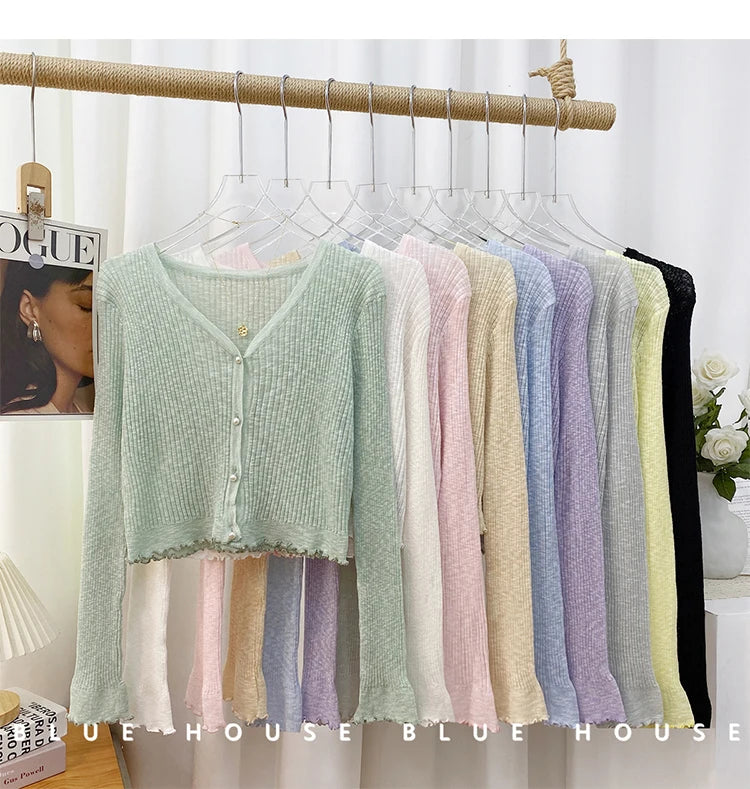 2026 Spring Summer Gentle Ruffle Trim Long Sleeve Ice Silk Sunscreen Knitted Cardigan Women Short Pearl Button Thin Casual Coat