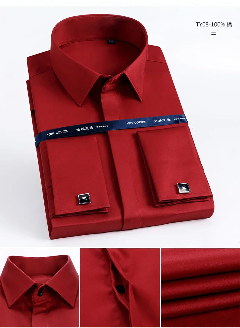 2026 Iron Free French Cufflink Long Sleeves Slim Fit 100% Cotton  Men's Concealed Buttons Solid Color High-end Wedding Dress