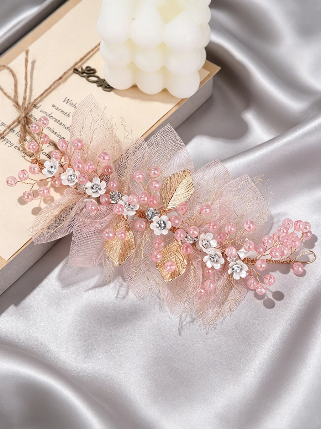 Bridal Wedding Pearl Headpiece Hair Chain Hairband Hair Accessory Pink Tulle Pearl Headpiece Girls' Performance Hair Accessory