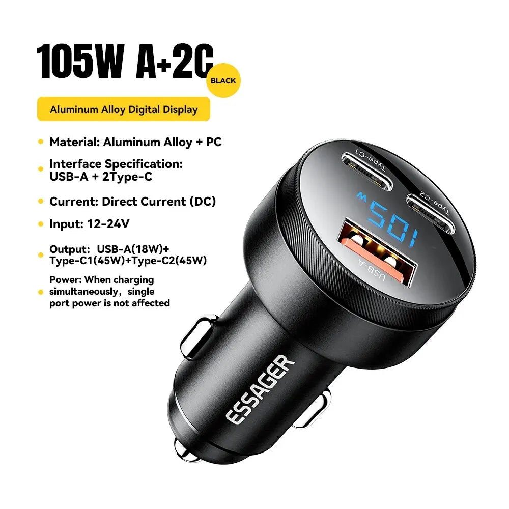 Essager 105W USB Car Charger Quick Charge 4.0 QC4.0 QC3.0 QC SCP PPS PD USB Type C Fast Charging For iPhone 14 15 Xiaomi Phone