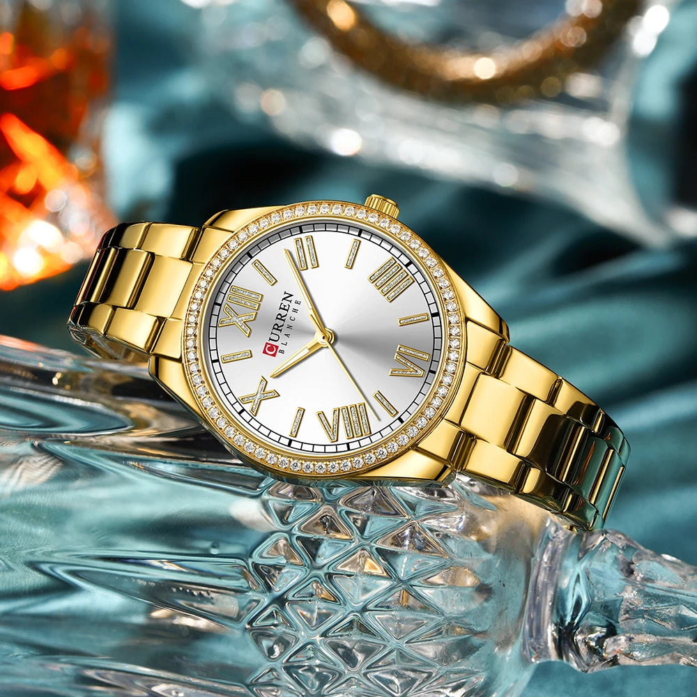 CURREN NEW Luxury Stainless Steel Wristwatches for Ladies Romantic Rose Pink with Rhinestones Roman Numeral Dial