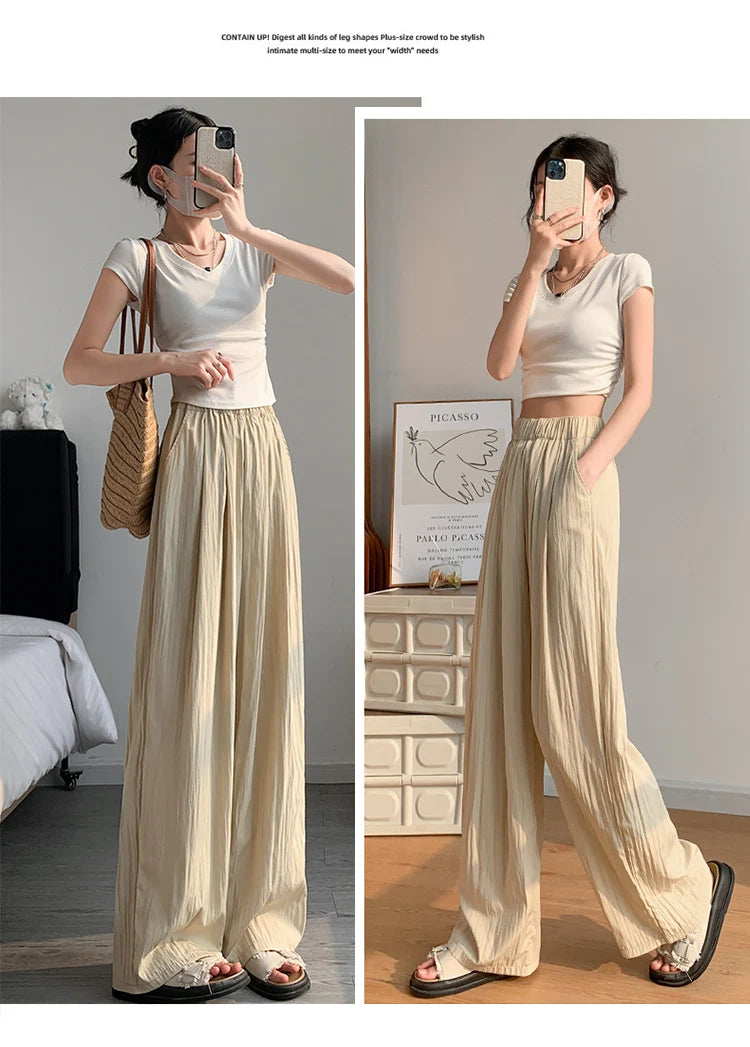 BIVIGAOS Lazy Style Loose Wide Leg Pants Women Summer Coloured Thin Casual Tide Straight Ice Silk Japanese Sunscreen Pants