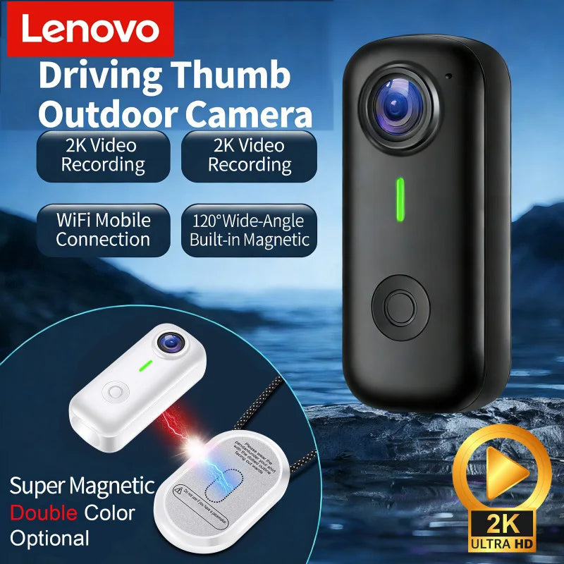 Lenovo Magnetic Sports Camera 2K Mini Thumb Camera WiFi 120° Wide Angle Smart Anti Shake For Cycling Vlog Motorcycle Helmet