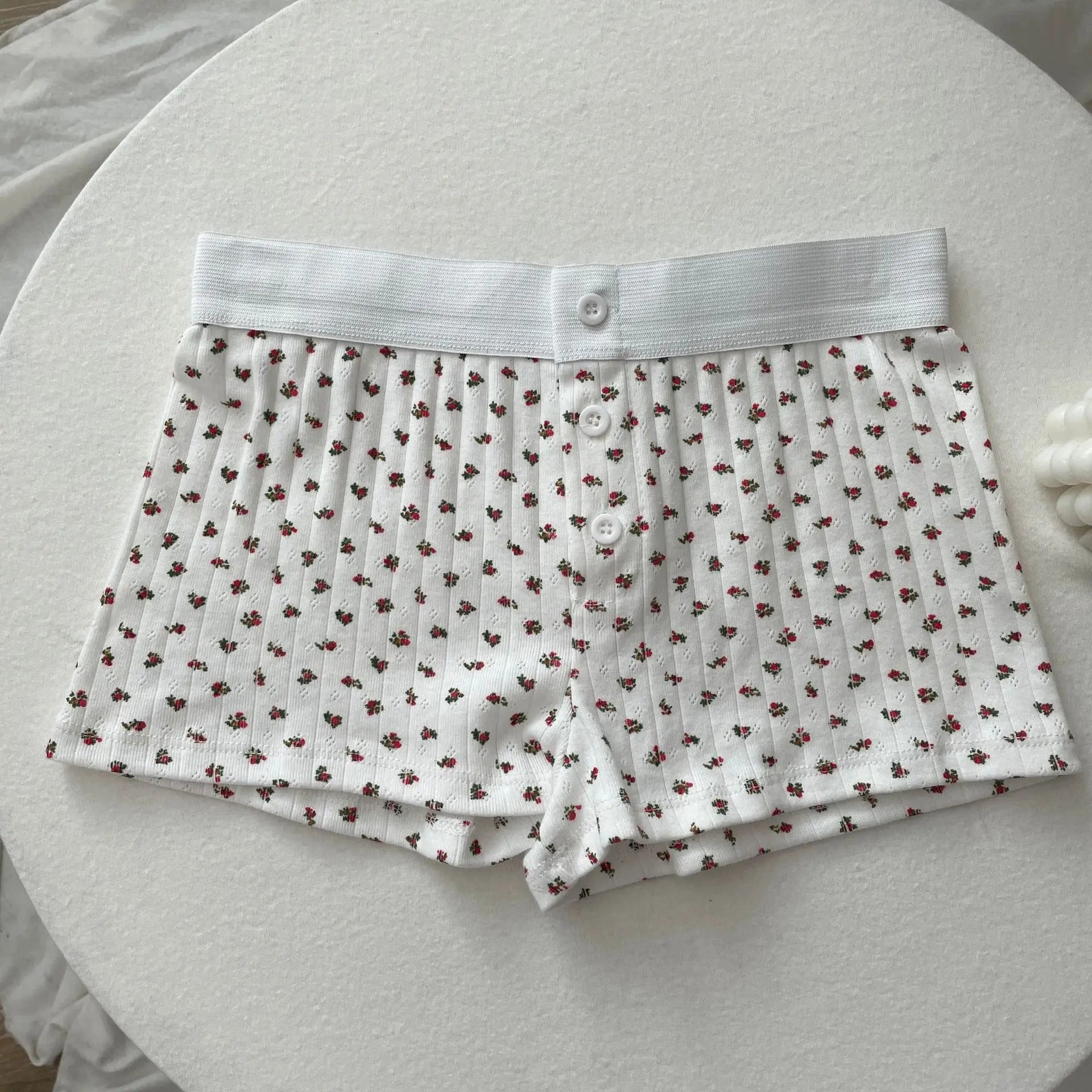 Floral Eyelet Cotton Boy Shorts Woman Summer Three Buttons Patchwork Elastic Waist Straight Short Pant Sweet Cute Home Underwear