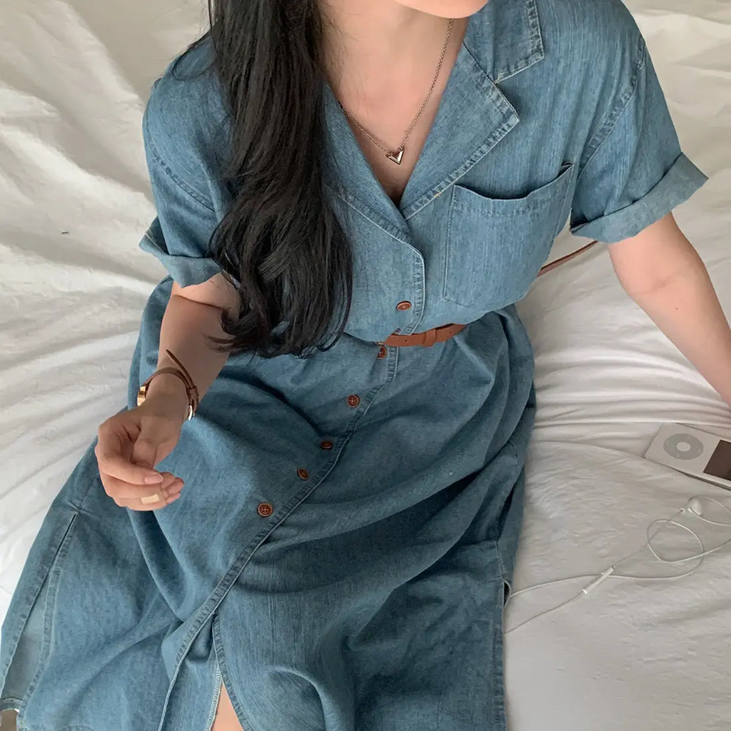 Slimming Chic Retro Chic Long Dr with Belt High Waist A-Line Skirt ort Sve Korean Sle Commute Dr Denim Dr