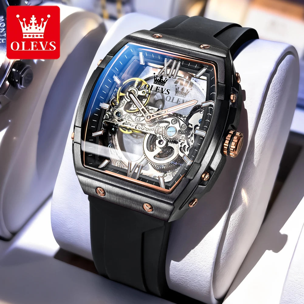 OLEVS 6779 Man Watch Skeleton Luxury Tonneau Mechanical Watches For Men Waterproof Silicone Strap Automatic Hand Clock Gifts Box