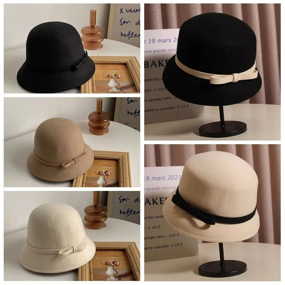 Retro Hepburnesque Felt Formal Hat Panama Cap Wealthy Heiress Style Bowknot Bucket Hat British Style Travel