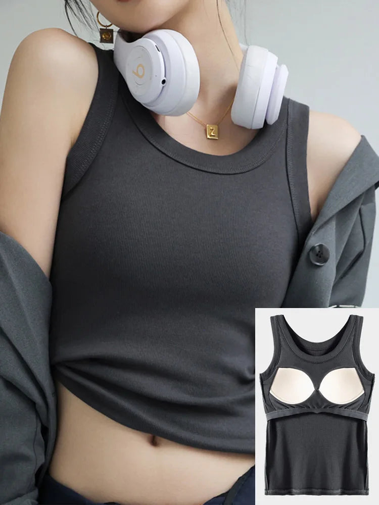 Women Thread Tank Tops With Built In Bra Padding Summer 2025 Trend Solid Outerwear Camisole Stretch Sleeveless White Tops Women