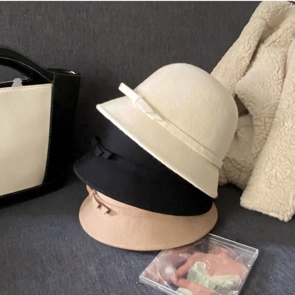 Retro Hepburnesque Felt Formal Hat Panama Cap Wealthy Heiress Style Bowknot Bucket Hat British Style Travel