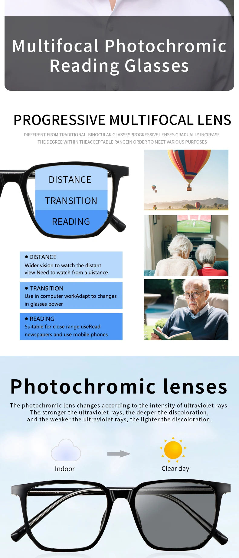 Photochromic Progressive Multifocus Computer Reading Glasses  Transition UV400 Sunglasses Multifocal Rectangular Readers