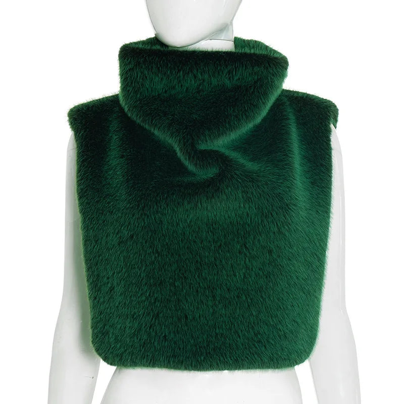 Turtleneck Furry Tank Tops Women Trend Sexy Side Split Chic Fall Trend Midnight Basic Street Furs Hipster Clubwear Vest Crop Top