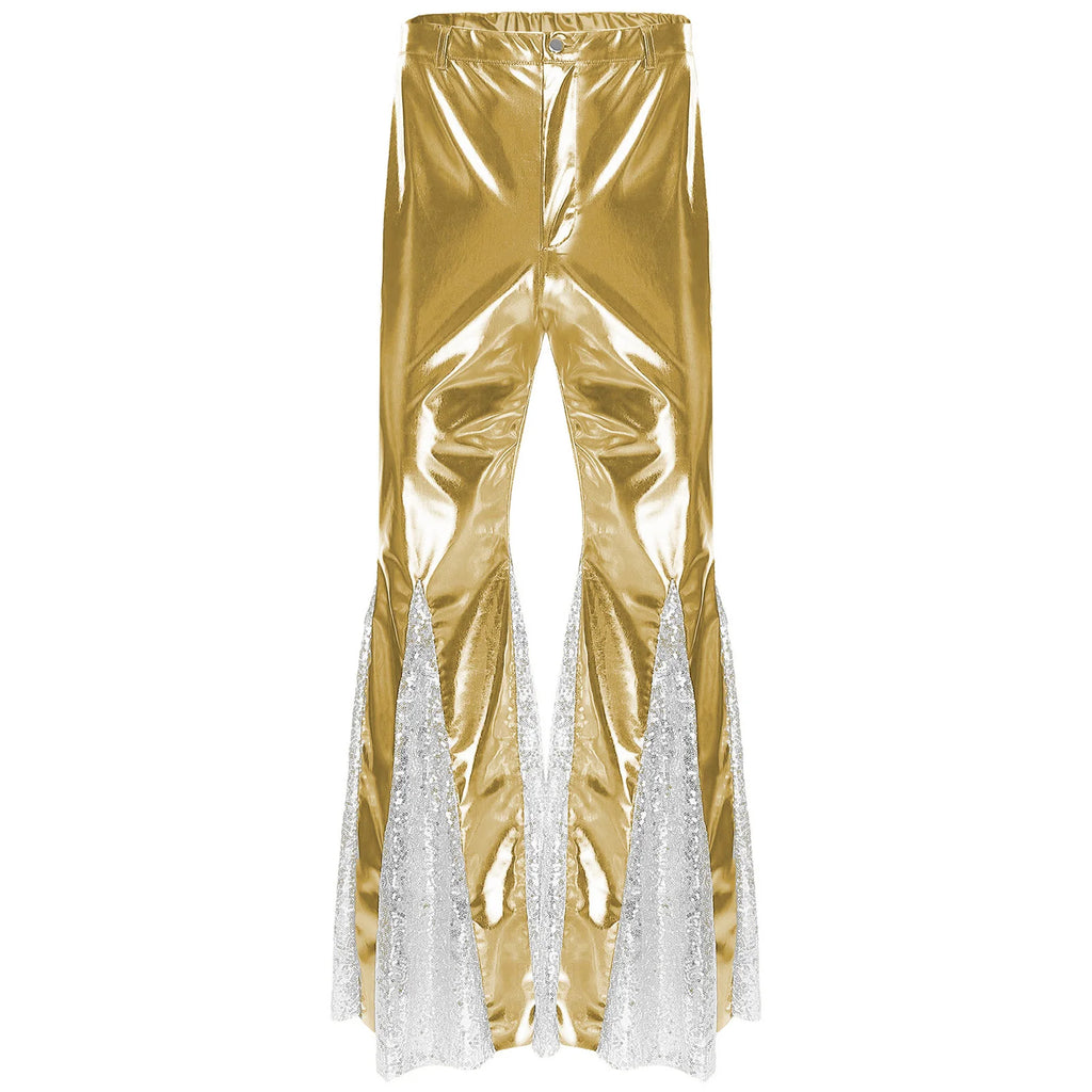 Mens Shiny Metallic 70s Disco Flared Pants Hippie Vintage Hip Hop Carnival Performance Costume Sequins Bell Bottoms Trousers
