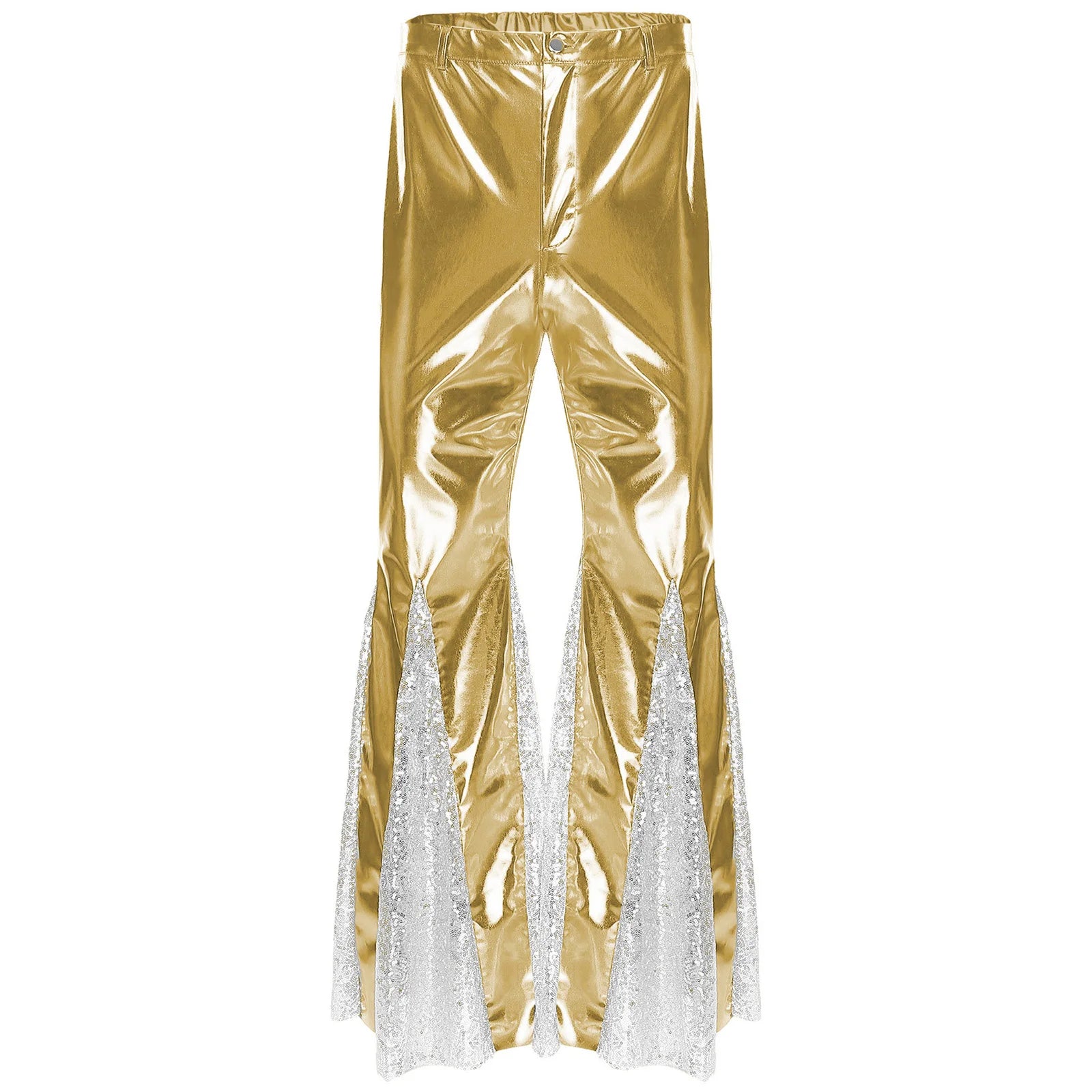 Mens Shiny Metallic 70s Disco Flared Pants Hippie Vintage Hip Hop Carnival Performance Costume Sequins Bell Bottoms Trousers