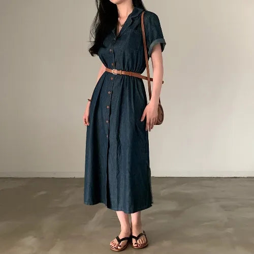 Slimming Chic Retro Chic Long Dr with Belt High Waist A-Line Skirt ort Sve Korean Sle Commute Dr Denim Dr