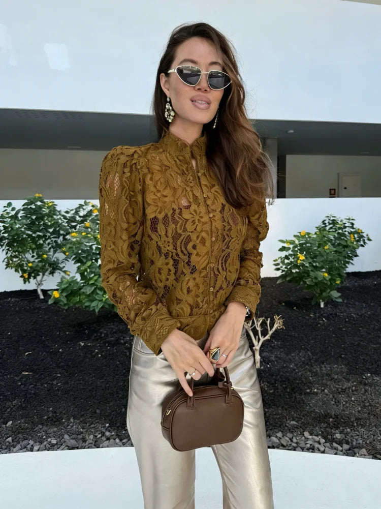 Ladies Elegant Hollow Out Lace Blouse 2026 Chic See Though Single Breasted Long Sleeve Shirts Spring New Female Blouse Shirts