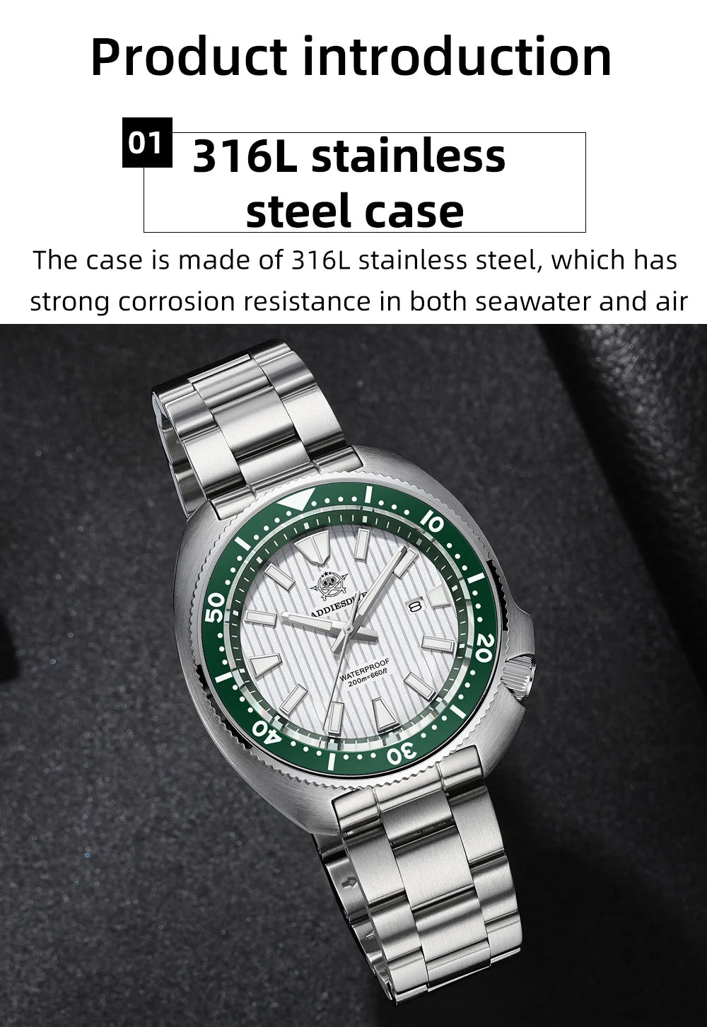ADDIESDIVE Watch For Man AD2507 Sapphire Crystals Window Display BGW9 Luminous 200M waterproof 316L Stainless Steel Quartz Watch